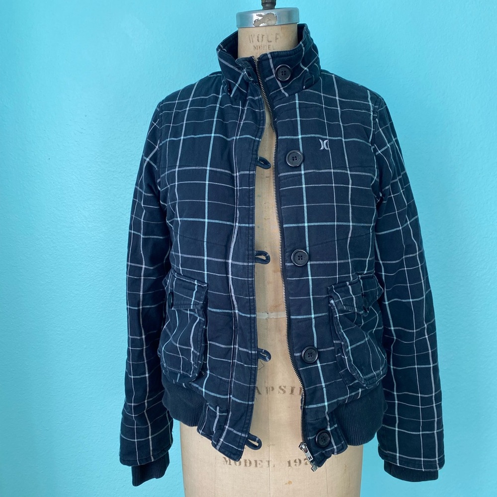 Hurley sherpa fleece lined women’s jacket / black grey plaid size L